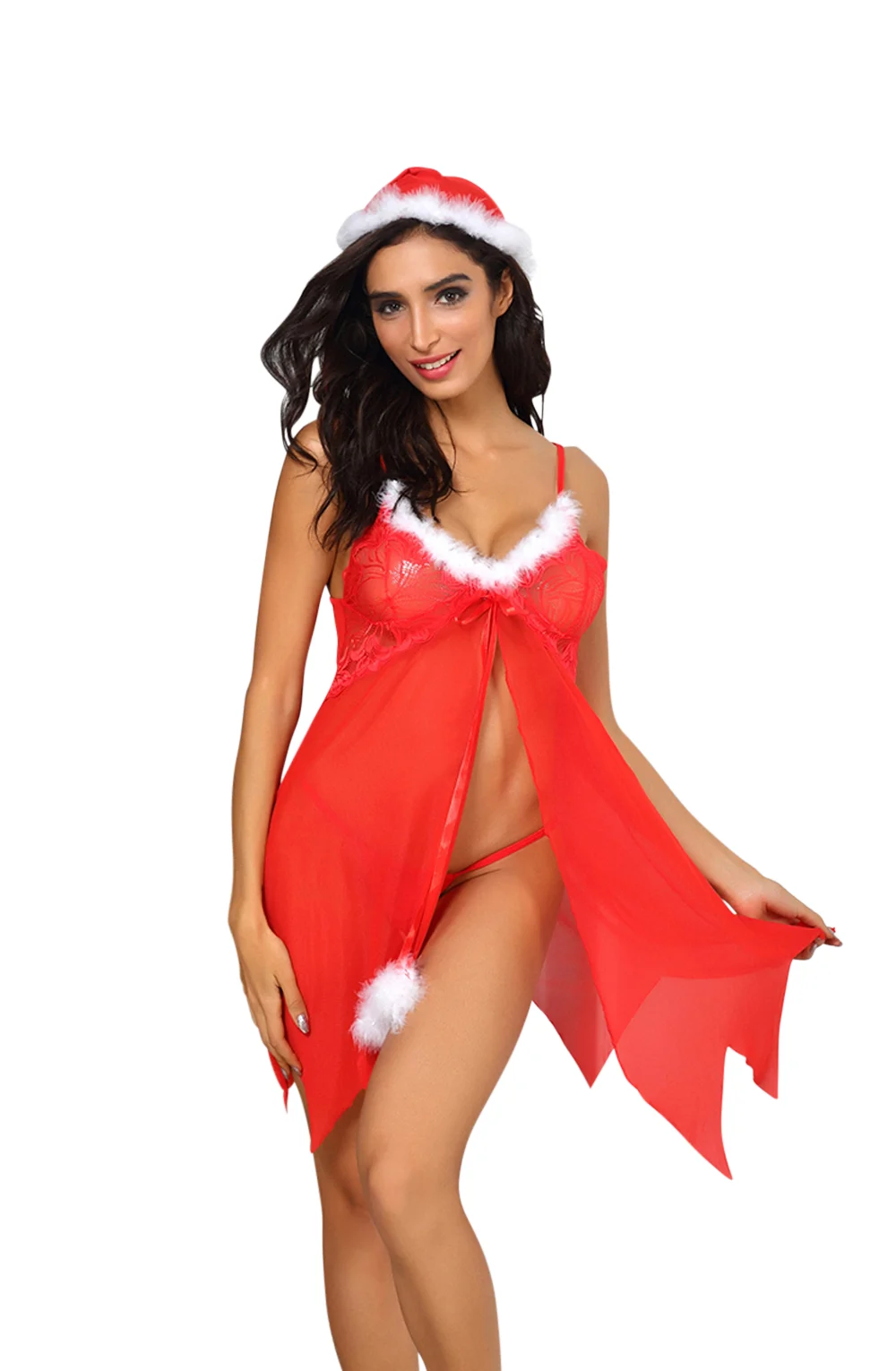 YesX YX947 3pc Red White Hat, Babydoll & Thong