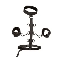 BDSM Black Padded Collar with Restraint Line, Handcuffs, and Wrist and Ankle Restraints