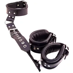 Rouge Garments Black Leather Neck to Wrist Handcuffs & Restraints, BDSM Collars And Leashes Wrist And Ankle Handcuffs & Restraints