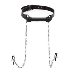 XR Bit Gag With Nipple Clamps,Silicone Black Bit Gag