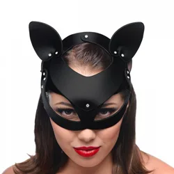 Master Series Bad Kitten Leather Blindfold & Mask, Black Leather Cat Mask & Blindfold