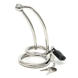 Chastity Penis Lock Curved With Urethral Tube Cock Cages And Plugs, Stainess Steel Silver Cock Cages And Plugs