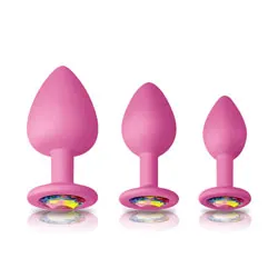 Glams Pink Spades Anal Jeweled Butt Plug Trainer Kit, Beginners Classic Silicone Waterproof Jeweled Butt Plugs, Gay Anal Sex Toys