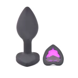 Small Heart Shaped Butt Plug with Diamond Base, Black Silicone Beginner Butt Plug