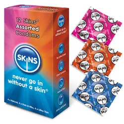 Skins Condoms Assorted 12 Pack, Waterproof Skins Regular Flavoured Condoms