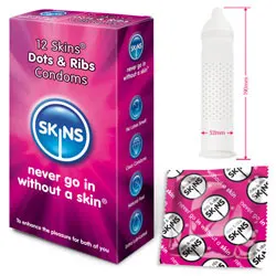 Skins Condoms Dots And Ribs 12 Pack, Waterproof Skins Ribbed And Pleasure Condoms