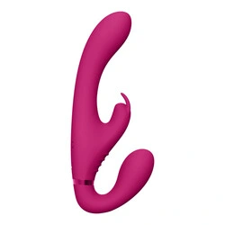 Vive Suki Triple Action Strapless Strap On Rabbit Vibrator, G Spot Duo Penetrator Pink Vibrator