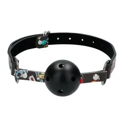 Ouch Breathable Vented Ball Gags, Leather Black Vented Ball Gags With Printed Leather Straps